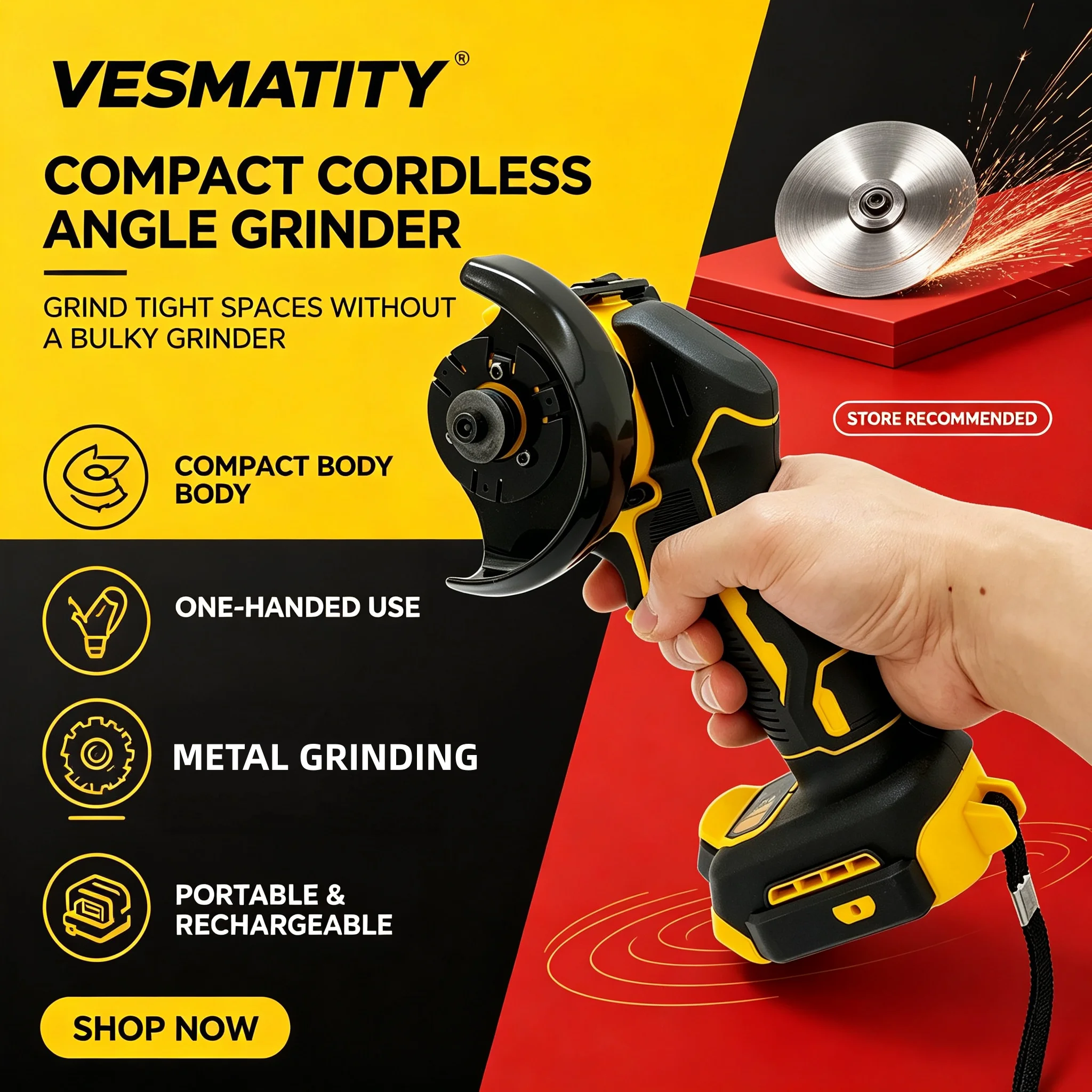 Polishing Cutting Machine Vesmatity 3 Inch Cordless Mini Angle Grinder Bare Tool for 18V 20V Battery Power Tools