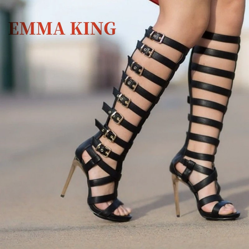 الصيف النساء اللمحة تو الصنادل التمهيد رقيقة عالية الكعب مشبك حزام النساء الركبة عالية صنادل طراز جلاديتور السيدات فستان رسمي كعب الأحذية #6