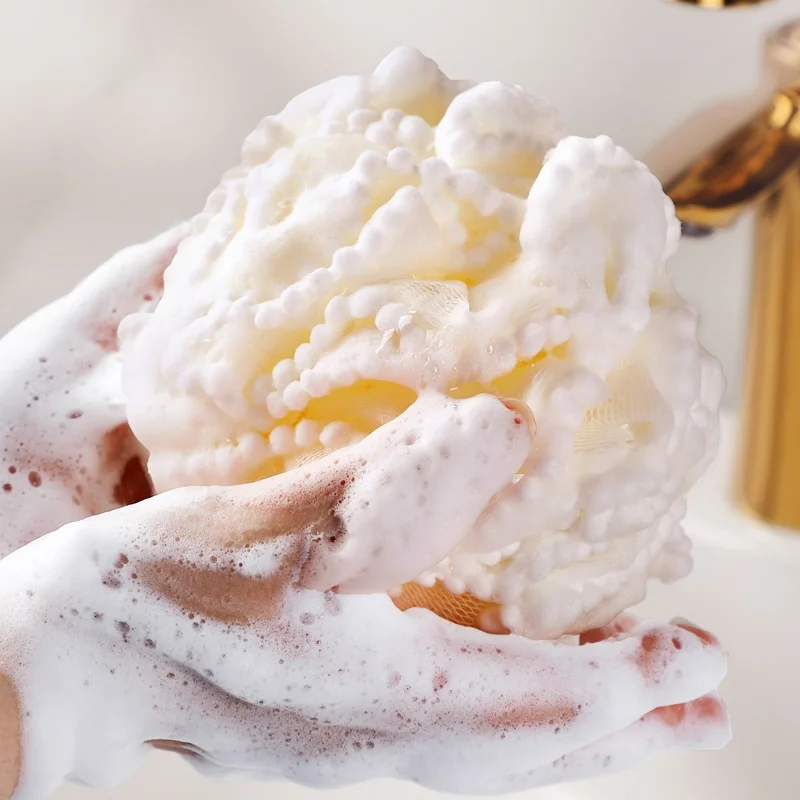 อุปกรณ์อาบน้ำอาบน้ำฟองทำความสะอาดผิวสำหรับขัดผิวผ้านุ่มมีฟองน้ำขัดผิวด้านหลังเป็นลูกบอลลายดอกไม้ mandi Bola ลูกไม้