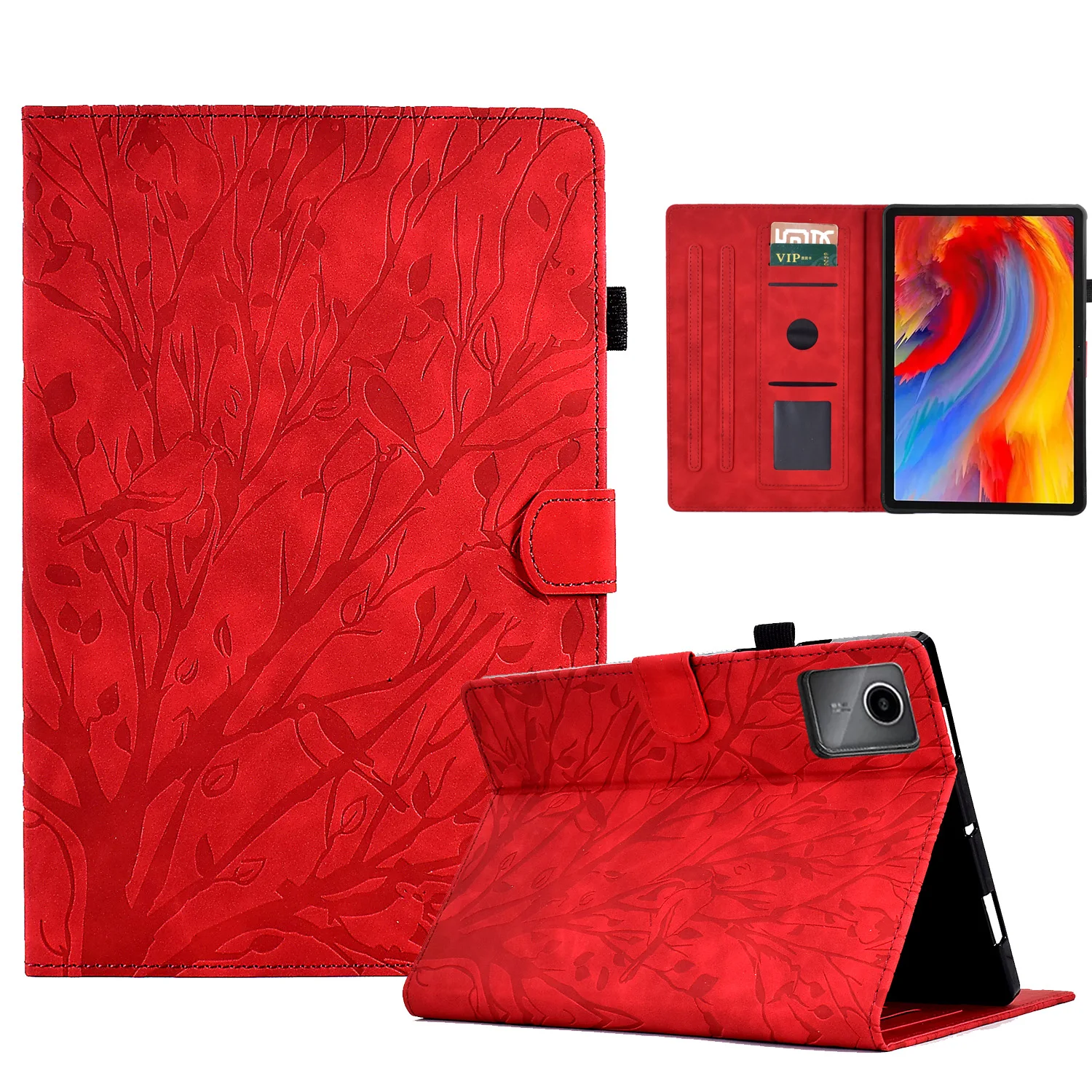

For Lenovo Xiaoxin Pad 12.1 (2025) Leather Case Tree Pattern Card Slots Stand Cover - Red
