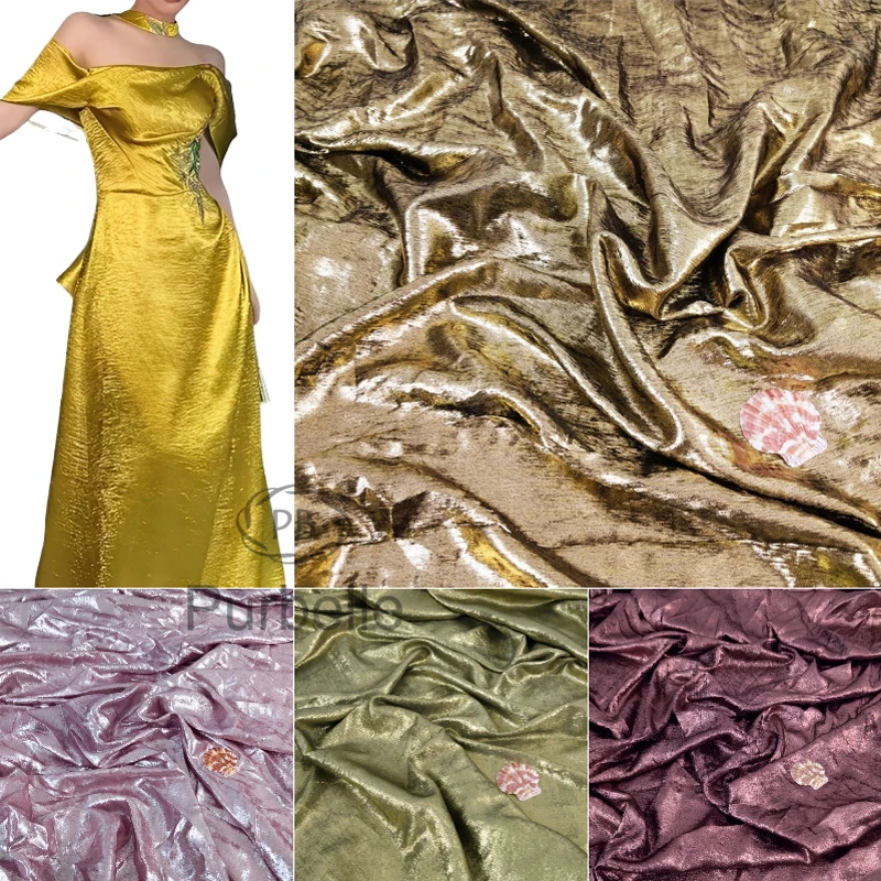 Gilded Satin Fabrics Iridescent Mermaid-Inspired Satin for Wedding Dresses, Dresses with Gold Foil Finish Background