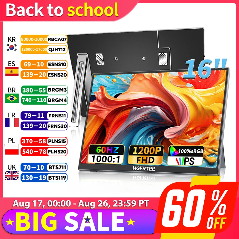 HGFRTEE 16" tragbarer Monitor 100 % SRGB 1200P FHP IPS für Laptop Mac Surface PC PS4/PS5 Xbox Integrierte Lautsprecher VESA-montierbar