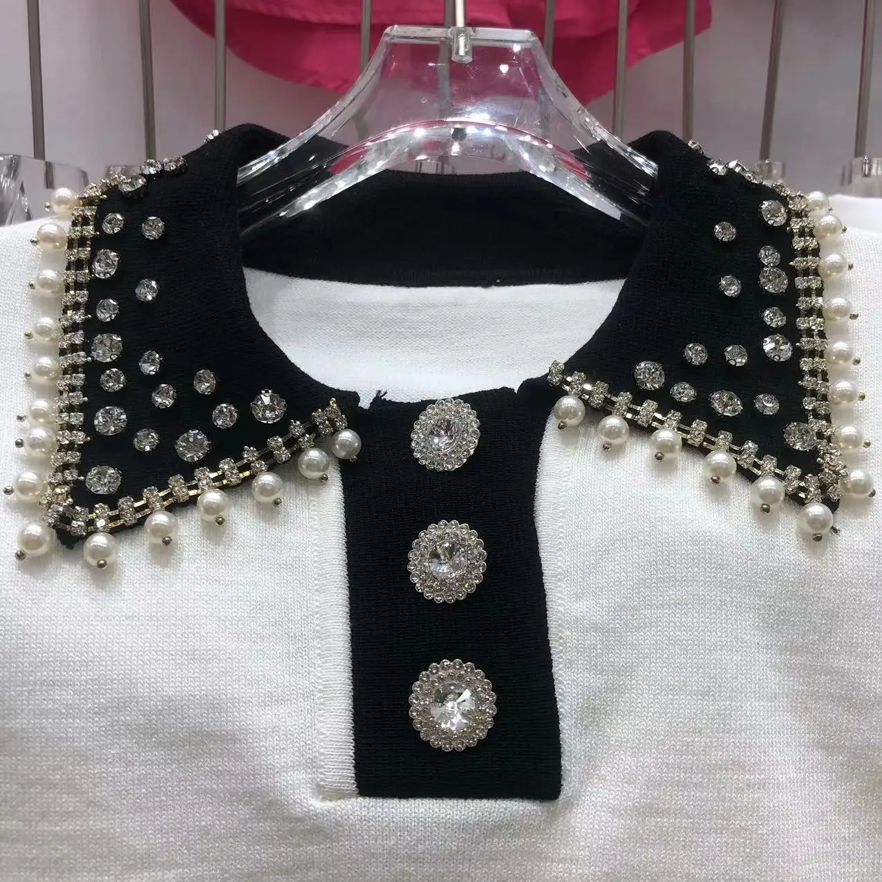 Luxury Beaded Diamonds Collar Short Sleeve Sweaters For Women Spring Summmer Knitwear Pullovers Tops Korean Popular Clothes