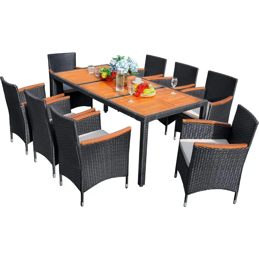 

9 Piece Patio Dining Set Outdoor Acacia Wood Table and Chairs w/ Soft Cushions Wicker Patio Furniture for Deck, Backyard, Garden