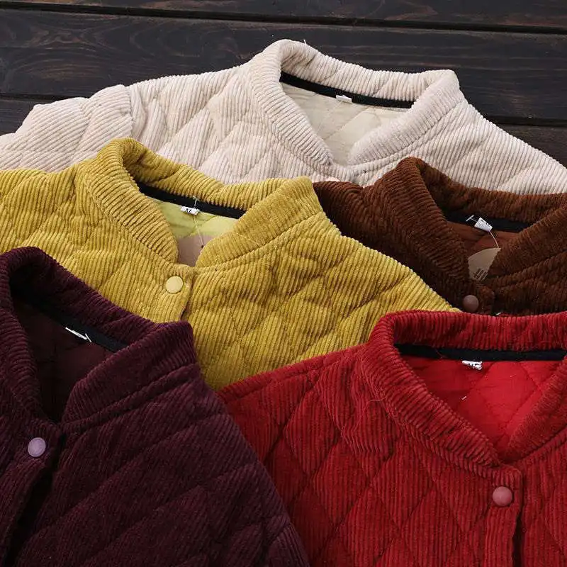 Cappotto in cotone da donna Parka Cappotto in velluto a coste retrò Colletto rialzato in cotone Giacca autunno inverno Mantieni caldo soprabito corto in cotone