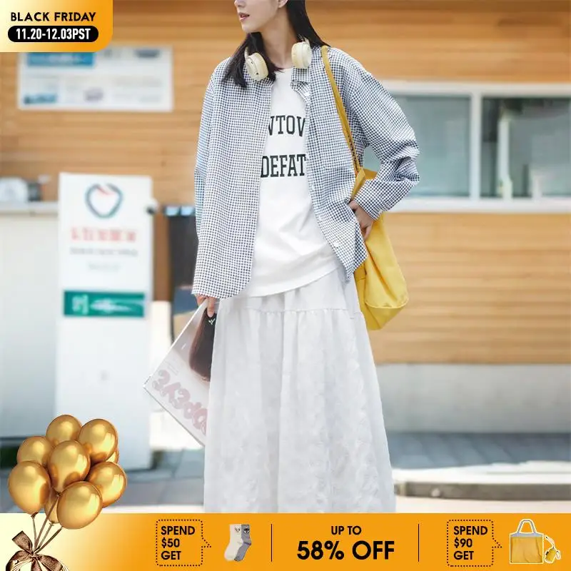 

Maden-Women's French Chic and Elegant Long Skirt, Elastic High Waist, A-line, White Textured Ripple, Pleated Midi Dress, Casual