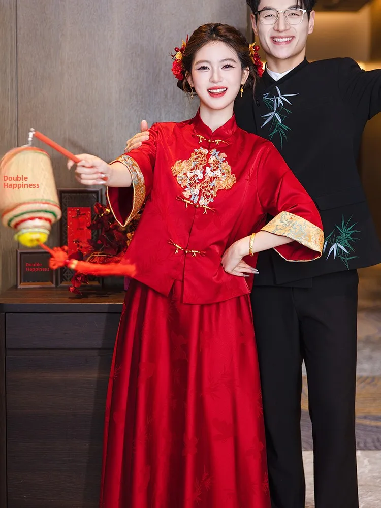 

Chinese Sle Qipao Wedding Dr Set Materni Celebration Ceremony Fro Skirt Long Red Color for plus Size Women