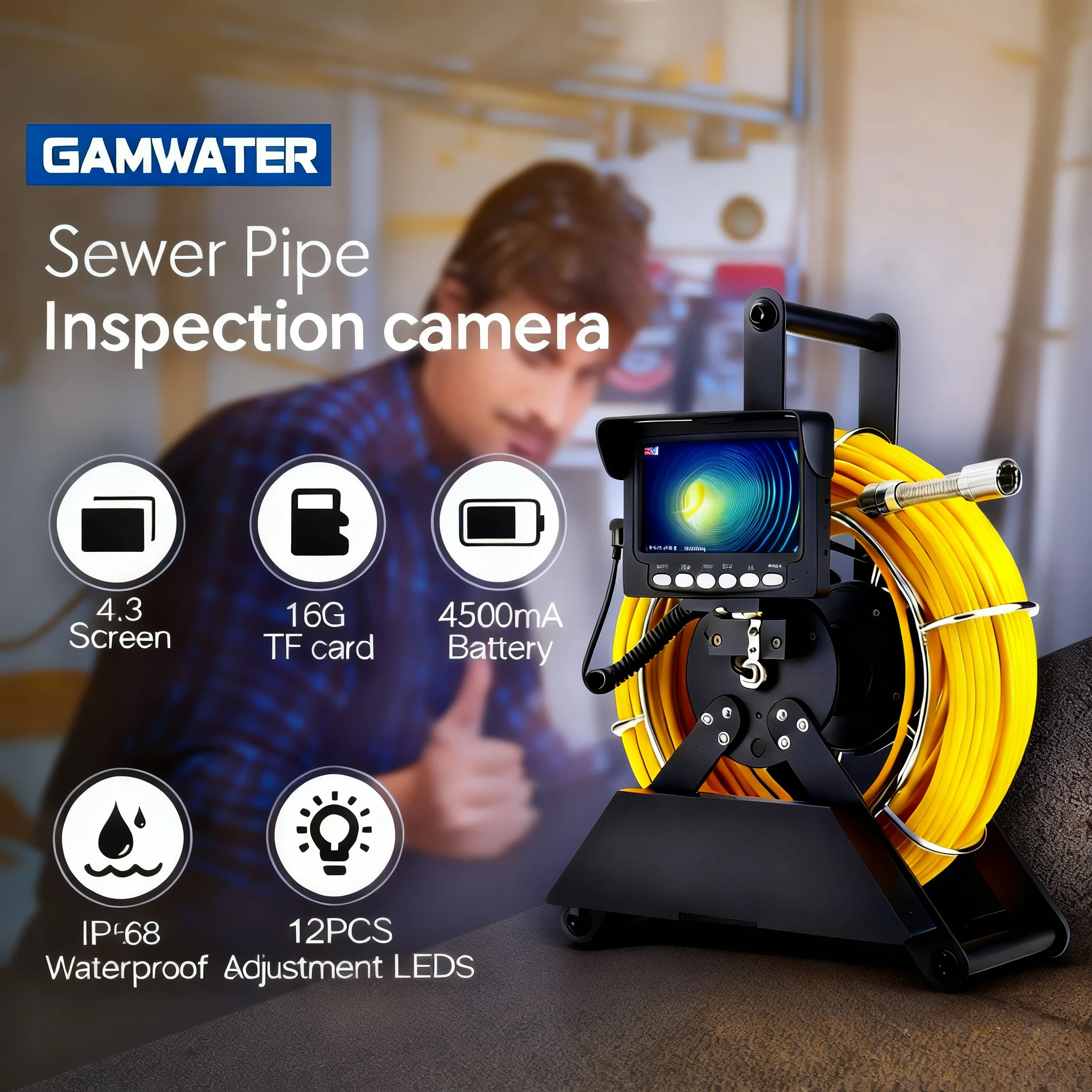 

waterproof Sewer endoscope camera high - definition ：AHD 1080P,4.3" Display , 4500mAh Battery and 16GB DVR Recording Capability