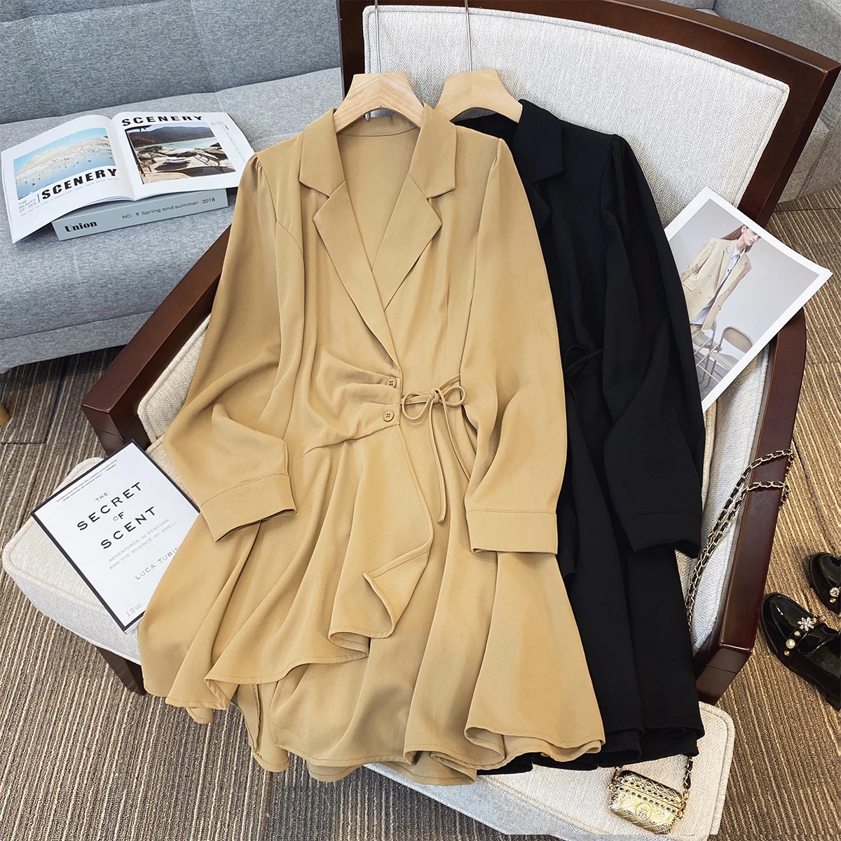 Suit Collar Dress 2023 New Women's Solid Color Long Sleeve Waist Shrinking Irregular Fashion Lace Up Style A-line Short Skirt