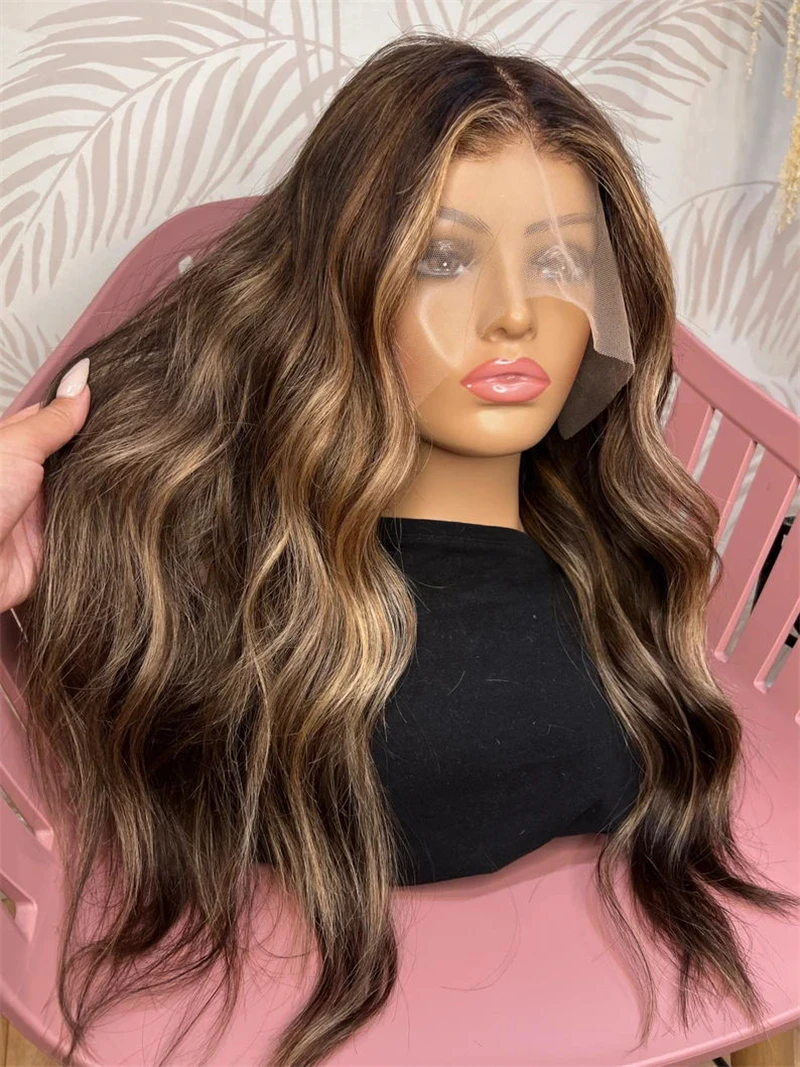 

Длинный коричневый парик для женщин с челкой посередине, омбре, волнистый, натурального вида, из термостойкого синтетического волокна, для повседневного использования