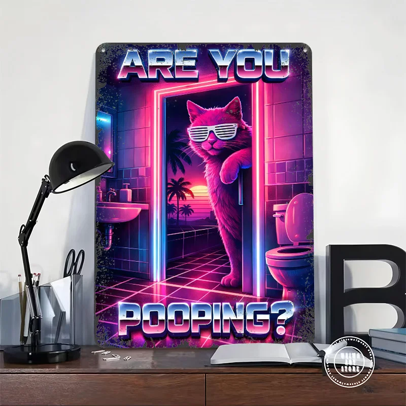 Are You Pooping? Funny Retro Cat in Bathroom Personalized 3D Textured Metal Poster Wall Art Vintage Tin Signs for Office Decor