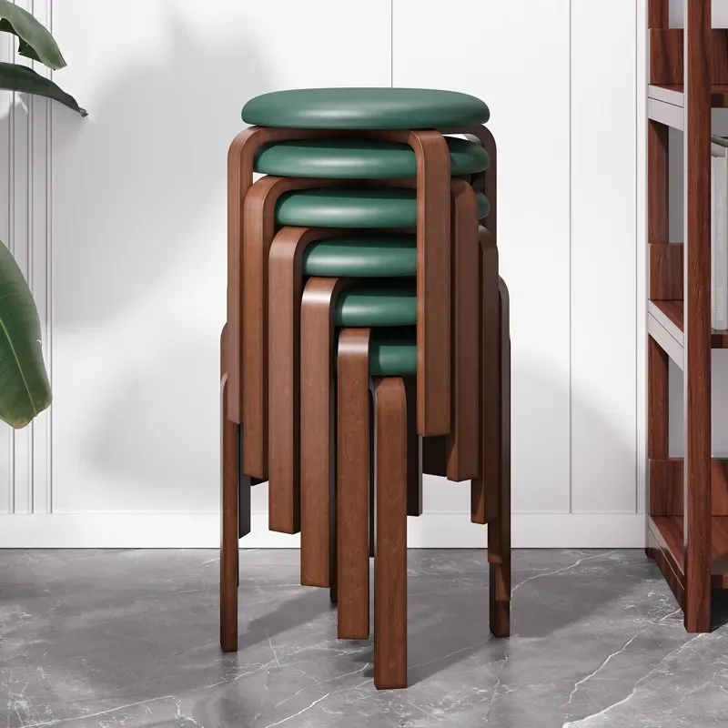Solid Wood Round Stool Stackable Soft Fabric Dining Chair Simple Modern Household Bench for Living Room Small Seat