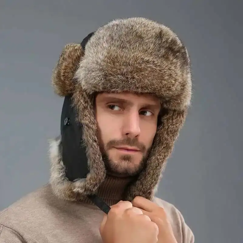 Real Rex Rabbit Fur Bomber Hat For Men And Women Winter Outdoor Cycling Fur Hat Thickened Warm Ear Protection Natural Fur Caps