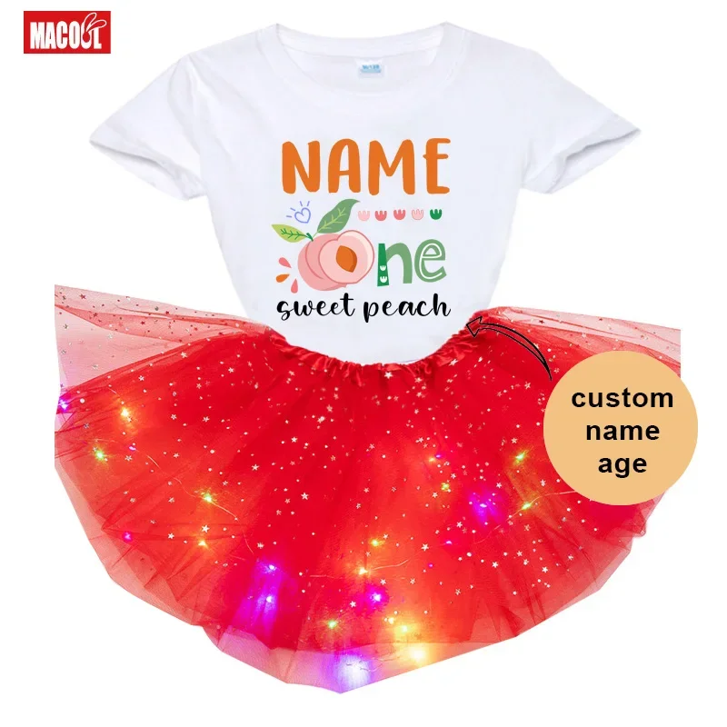 

2024 Lovely Peach T Shirt Birthday Party Outfits Girls Birthday Tutu Outfit Suits Custom Name Dress Set Girl Kids Clothes