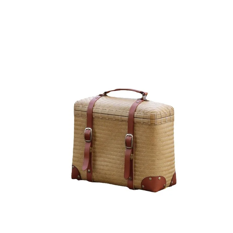 Retro bamboo woven bag tea set storage basket large woven basket
