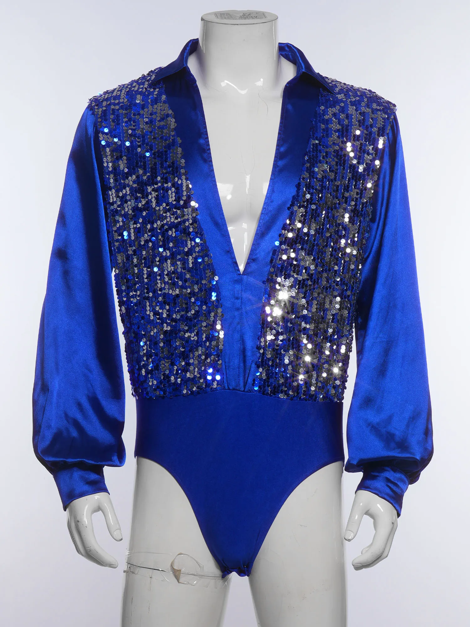 

Men Latin Tango Samba Cha-cha Dance Bodysuits Top Jazz Ballet Dancewear Long Sleeves Glittery Sequin Leotards Performance Bodice
