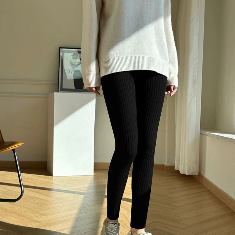 Autumn And Winter 100% Wool Knitted High Waist Tight Straight Trousers With Drawstring To Keep Warm Female Leggings