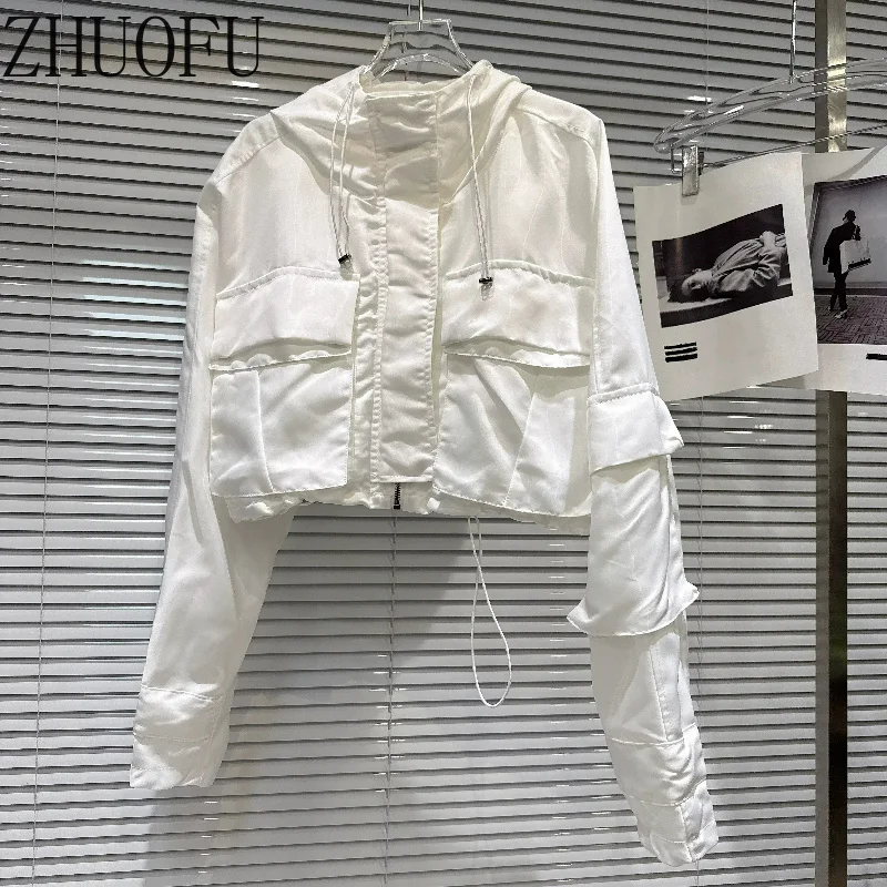 Women Hooded Jacket Multi Pocket Drawstring Hem Zip Up Coat Long Sleeve Loose Casual Outdoor Streetwear Windbreaker Outerwear