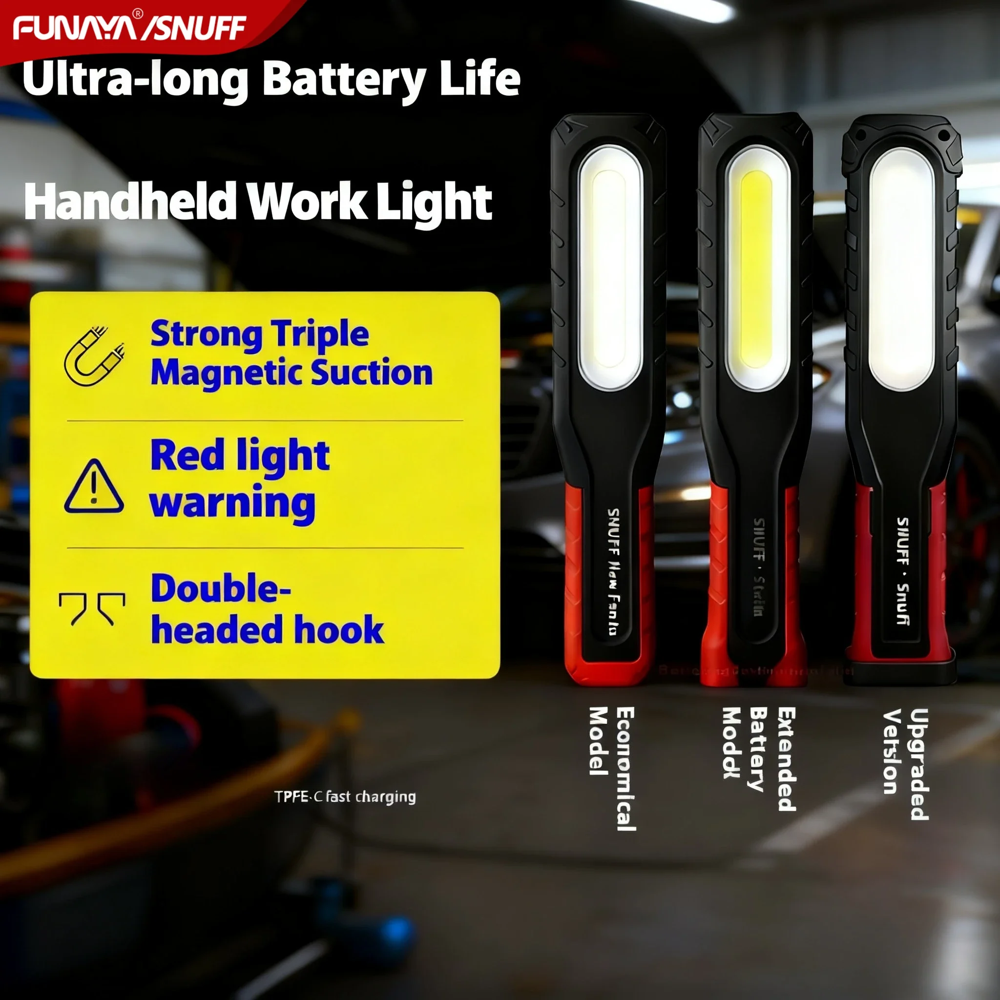 

Mechanic Auto Repair Light - Rechargeable Flashlight with 3 Strong Magnets, 9-Hour Battery Life, Heavy Duty Workshop Lighting