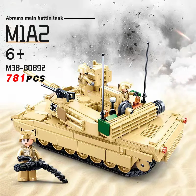 SLUBAN World War II 2 Military USA Abrams M1A2 Battle Tank Chariot Building Blocks Army Classic Accessories Model Kids Gift Toys