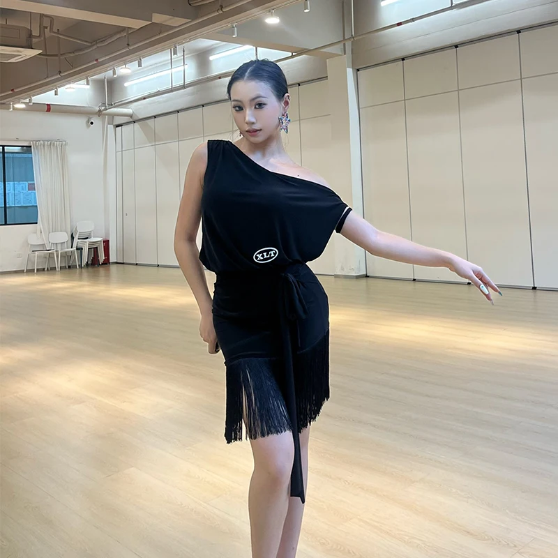 

Sexy Slanted Shoulder Waltz Latin Dance Costume Women Dancing Practice Clothes Adult Black Tango Samba Performance Wear XH2693