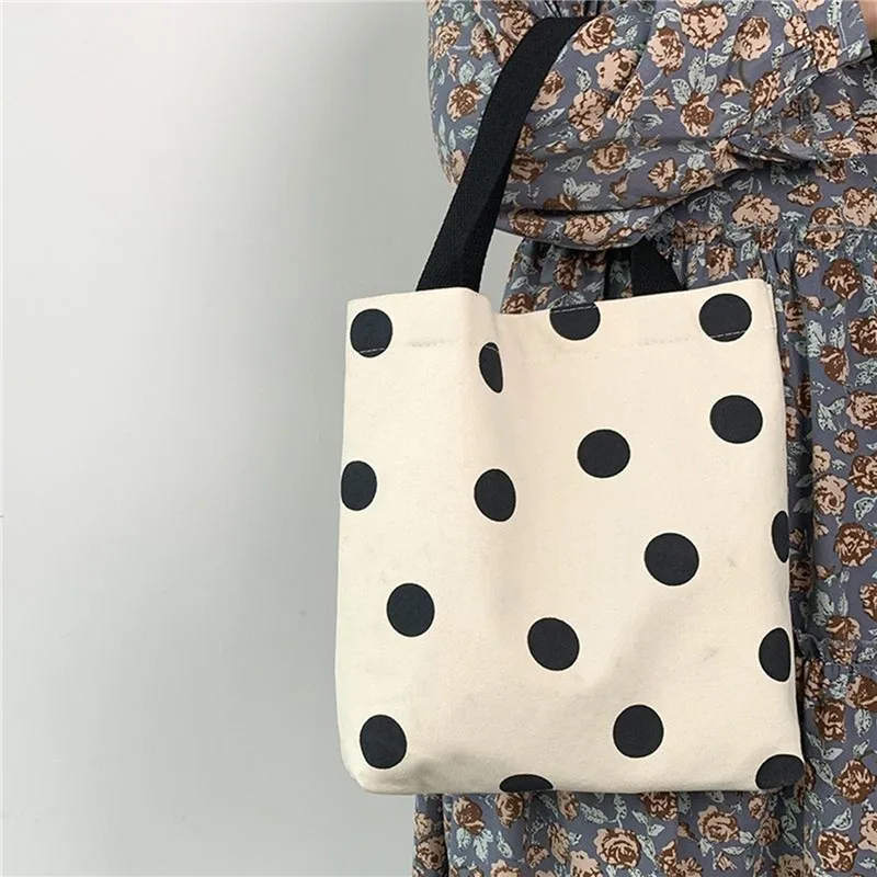 2023 Fashion Harajuku Solid Color Canvas Small Shopper Bag Women\'s  Bag Black Large Capacity Polka Dots Shoulder Bag