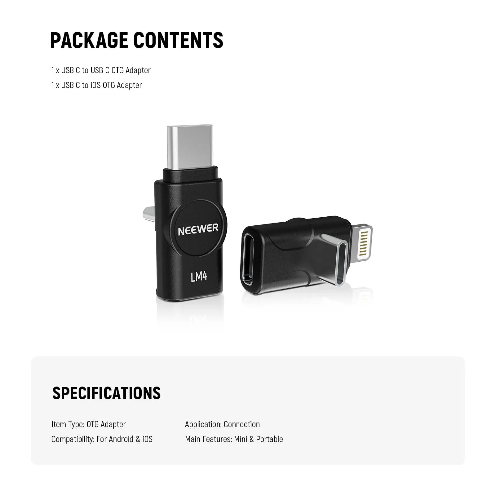 Neewer LM4 USB Type C OTG Adapter Set (2 Pack), USB C to USB C + USBC to iOS for iPhone iPad Android Phone CM28 Pro CM28 Ultra - Image 6