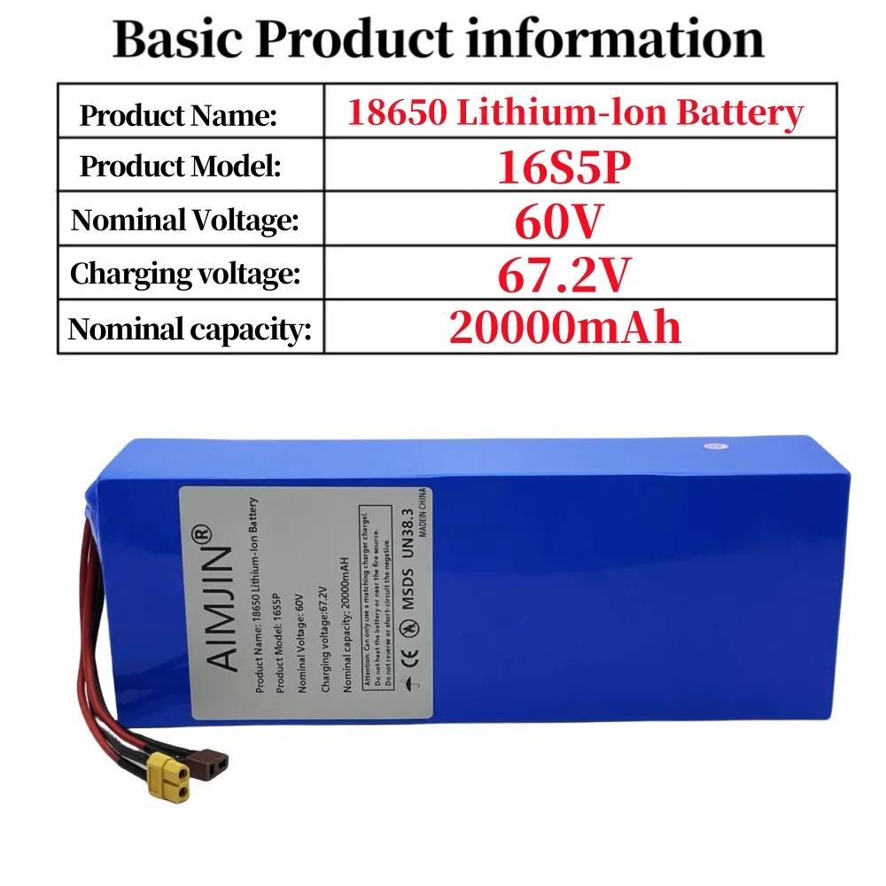 Paquete de batería recargable de iones de litio 16S5P 60V 20000mAH 18650 con BMS para motocicleta, scooter, bicicleta Motor de 2000W