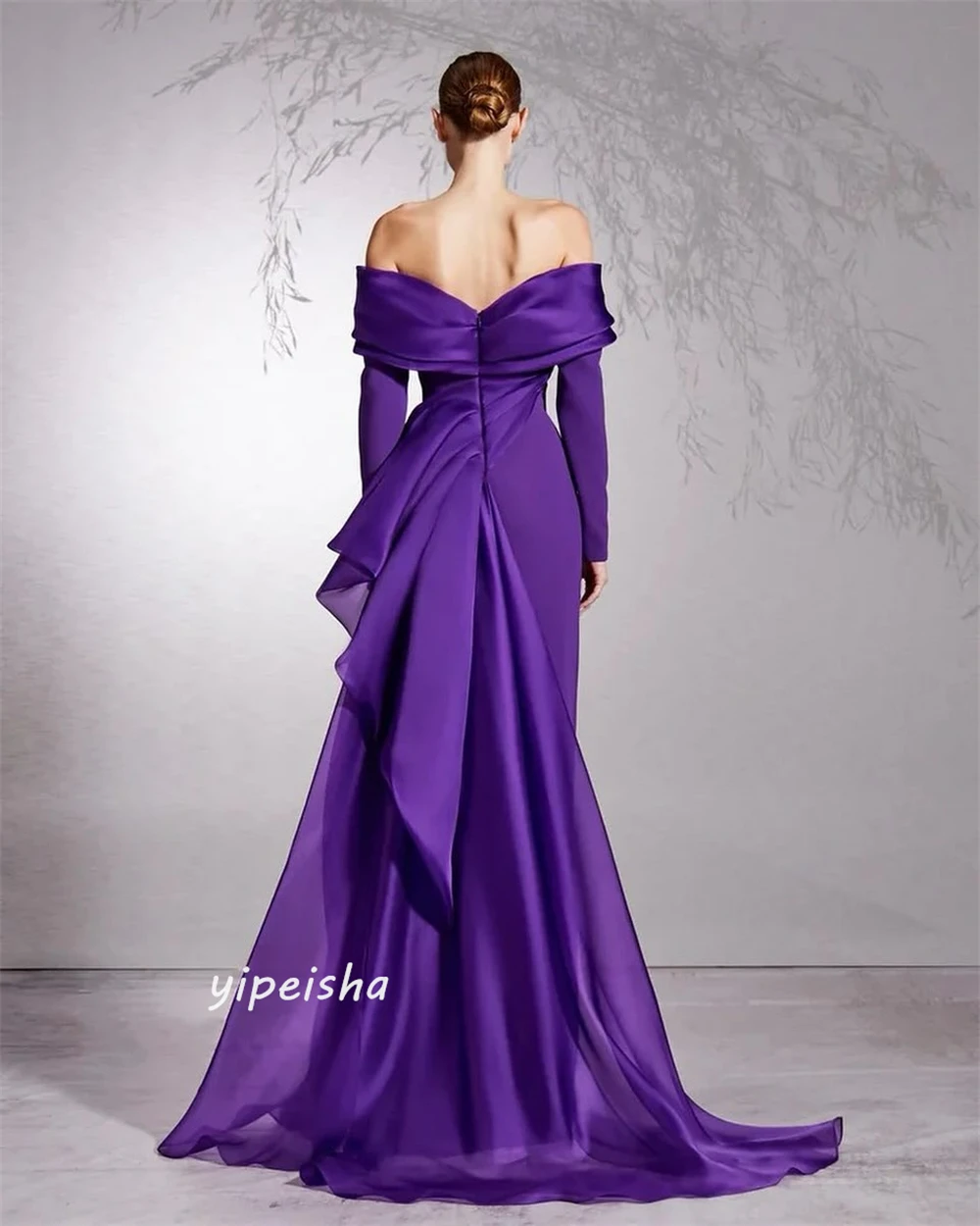   Satin Pleat Ruched Graduation Sheath Off-the-shoulder Bespoke Occasion Gown Long Sleeve Dresses