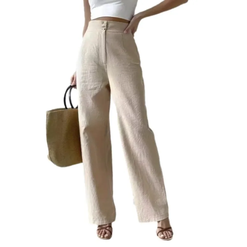 Women's Cotton Linen Wide Leg Pants 2025 Summer Fashion Straight Leg Pants New Lady High Waisted Casual Pants Female Clothing