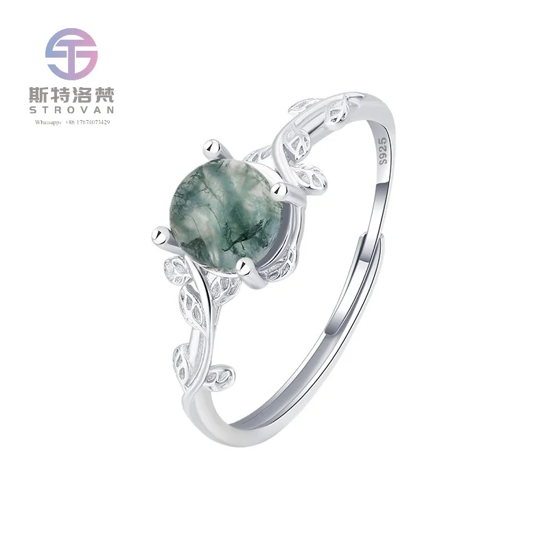 

925 Sterling Silver Jewelry Natural Gemstone Moss Agate Rings Geometric Bezel Setting Oval Cut Diamond Rhodium for Daily Wear
