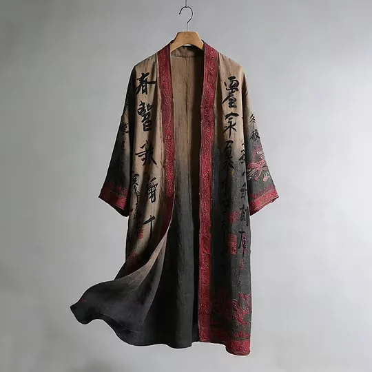 Summer Men's Long Chinese Style Crane Print Hanfu Open Cardigan Trendy Japanese Kimono Coat Casual Shirt Floral Pattern
