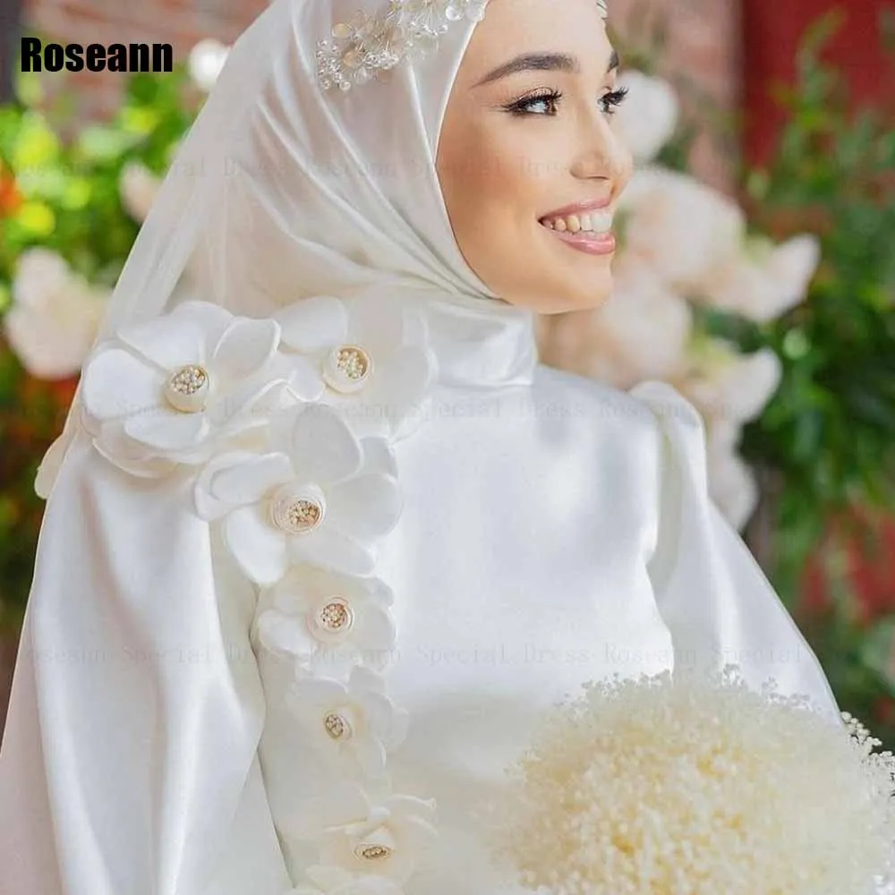 Muslim Fashion 2024 A-line Wedding Dresses Handmade Flower Full Satin Draped Pleat Belt Floor Length Bride Gown robe de mariée