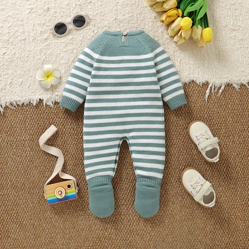 Autumn Baby Romper Knitted Newborn Girl Boy Jumpsuit Long Sleeve Foot Wrap Infant Kid Clothes 0-9M Fashion Striped Overalls Warm