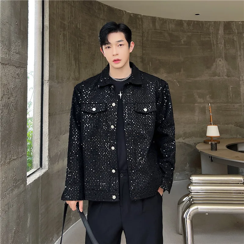 Men's 2024 Autumn Winter Light Luxury High-end Sequined Small Fragrant Male Coats Men's Loose Trendy Bright Silk Handsome Jacket