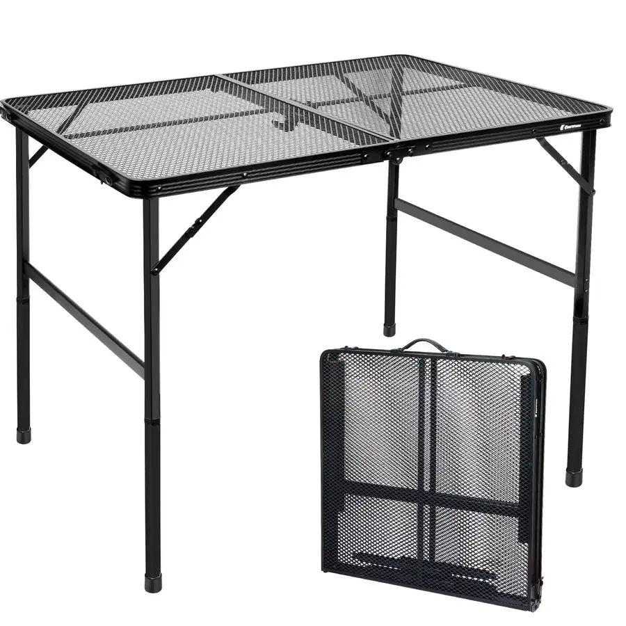 

Folding Table with Adjustable Height 16.5 amp 26, Black Metal Mesh Table with Carry Handle, Portable for Outdoor BBQ, Grill, Fam
