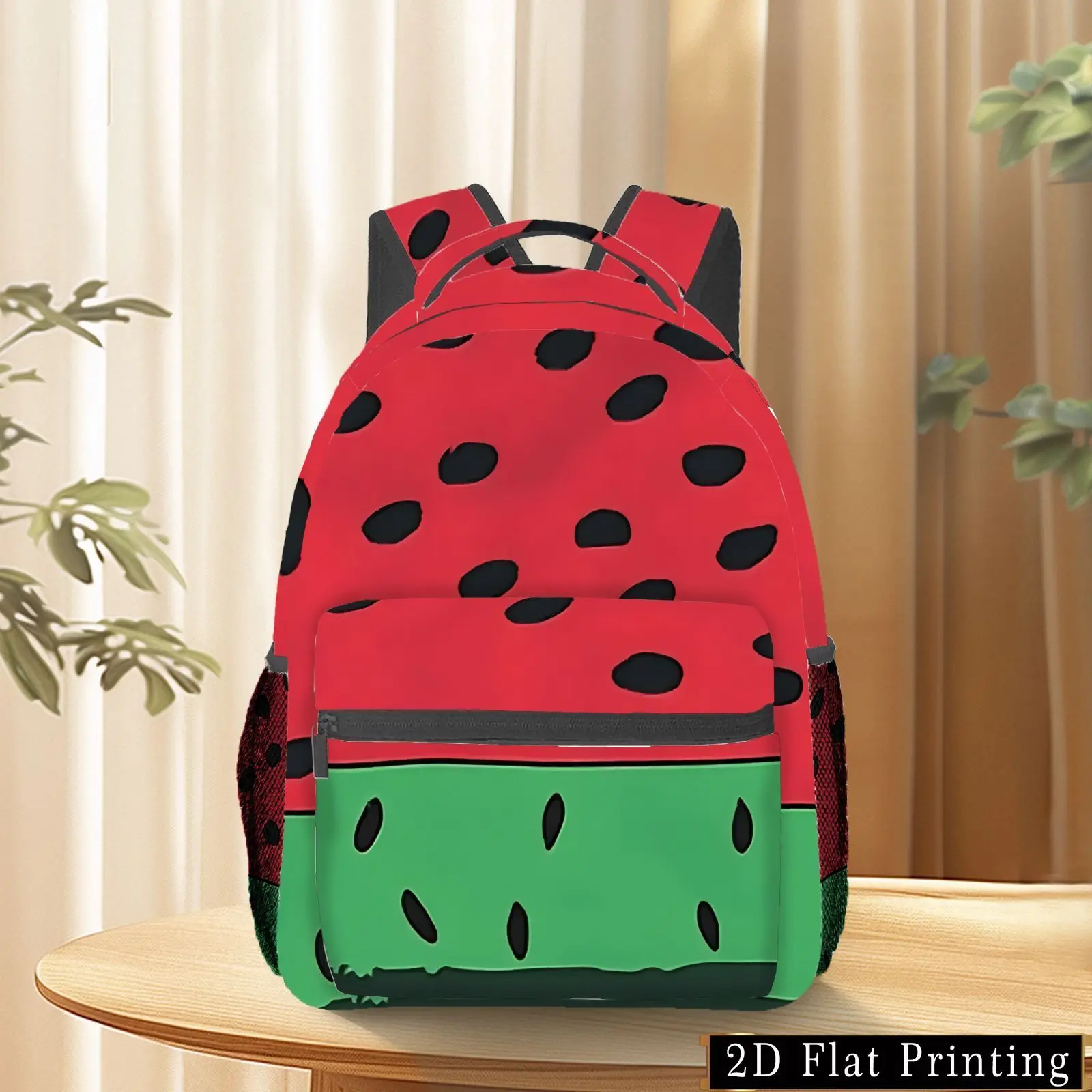 

Watermelon Slice Seed Skin Print Backpack Red Green Polka Dot Design Durable Polyester Secure Zipper Closure Hand Washable