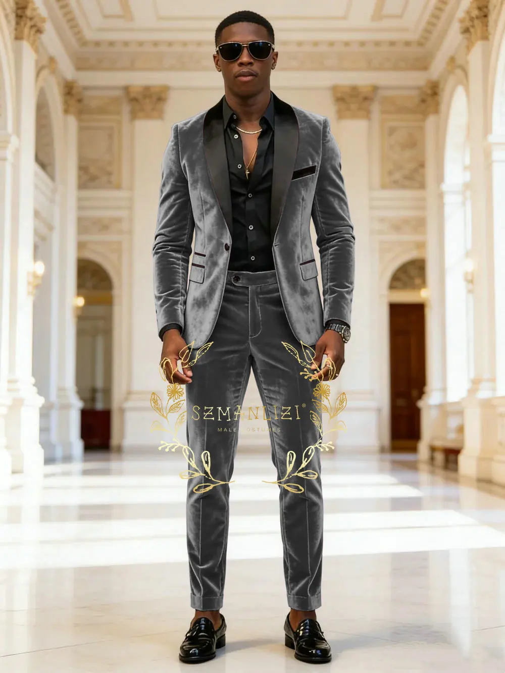 

Темно-серый бархатный мужской костюм-двойка: модный деловой/свадебный костюм для жениха, пиджак с шалевым воротником на одной пуговице и брюки