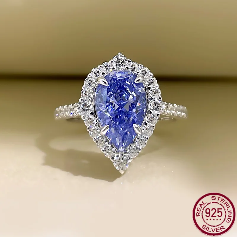 

New S925 Pure Silver Fashion Light Luxury Blue Diamond Explosion Flash Inlaid Diamond Waterdrop Stone Ring Wedding Jewelry