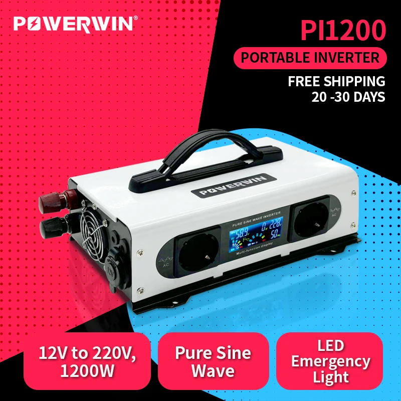 POWERWIN Portable Inverter PI1200 Pure Sine Wave 12V 1200W 12V EU Outlet LCD Screen Dual USB With Battery Connecting Cord