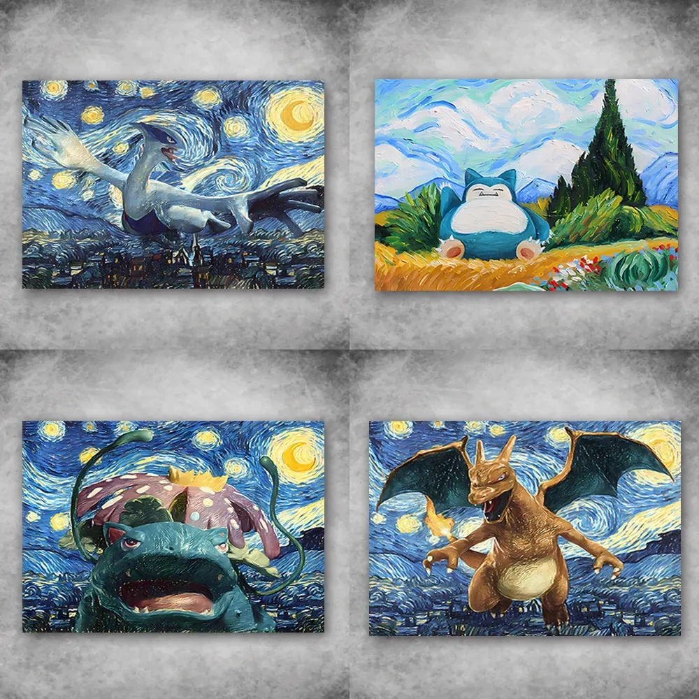 Affiche sur toile Pokémon Van Gogh, la nuit étoilée, anime périphérique, peinture d'art, image Charizard Blastoise, décoration murale, cadeaux pour enfants