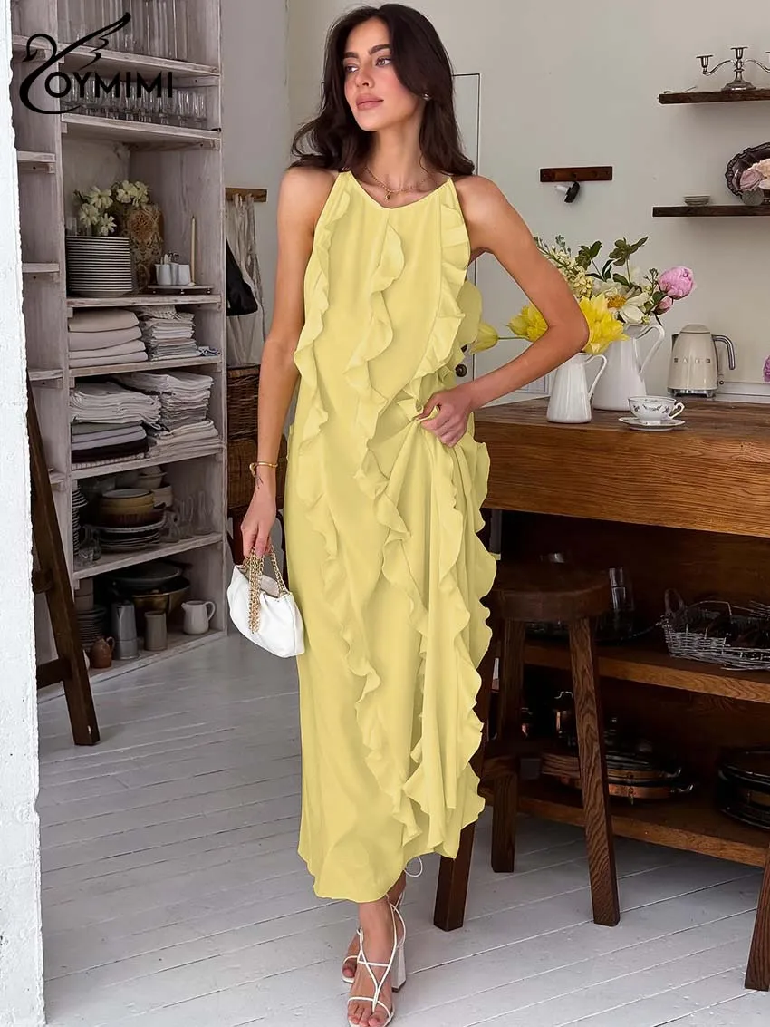 

Oymimi Casual Yellow O-Neck Women's Dress Fashion Sleeveless Zipper Ruffled Dresses Autumn New Straight Ankle-Length Dresses