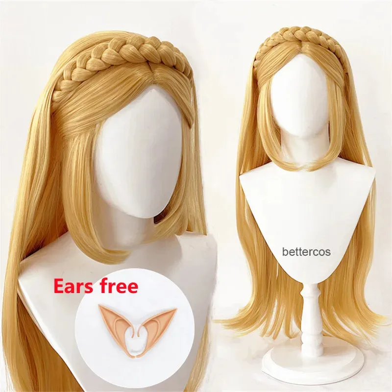 

qq023Zelda Princess with Elf Ears Blonde Braided Wigs Anime Cosplay Wig Heat Resistant Synthetic Halloween Wi