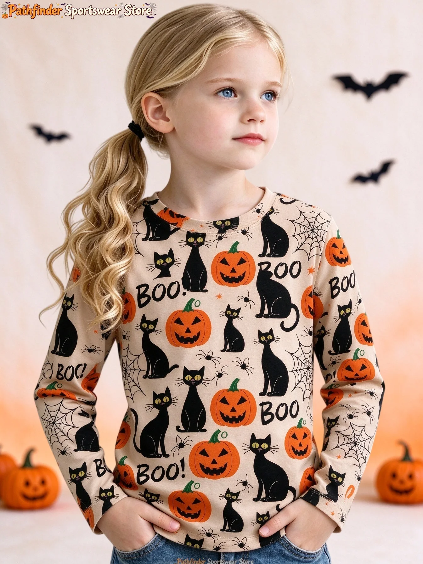 Girls Halloween Long Sleeve Tee Cute Pink Witch Ghost Pumpkin Skull Graphic Crew Neck Sport Top Kids Party Autumn Casual T-Shirt view 5