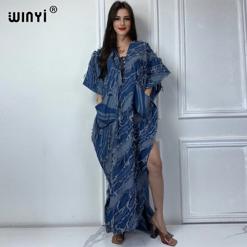 WINYI Kimono Sleeveless denim long down pocket Women coat elegant Party Holiday beach Cover Up fashion maxi dress