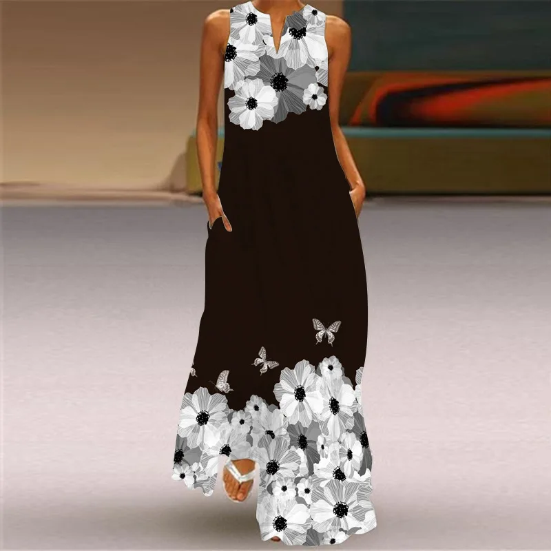 Summer Fashion Sexy Simple Fresh Floral V-neck Sleeveless Long Dress Elegant Party Dress Slit V-neck Sleeveless Long Dress