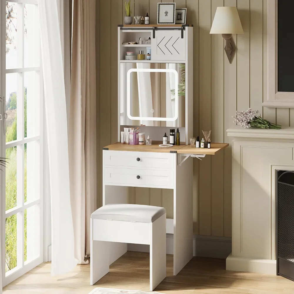 

Farmhouse Small Vanity Desk Set with Mirror Cabinet Mini Makeup Vanities Set with 3 Adjustable Lights and Storage Chair
