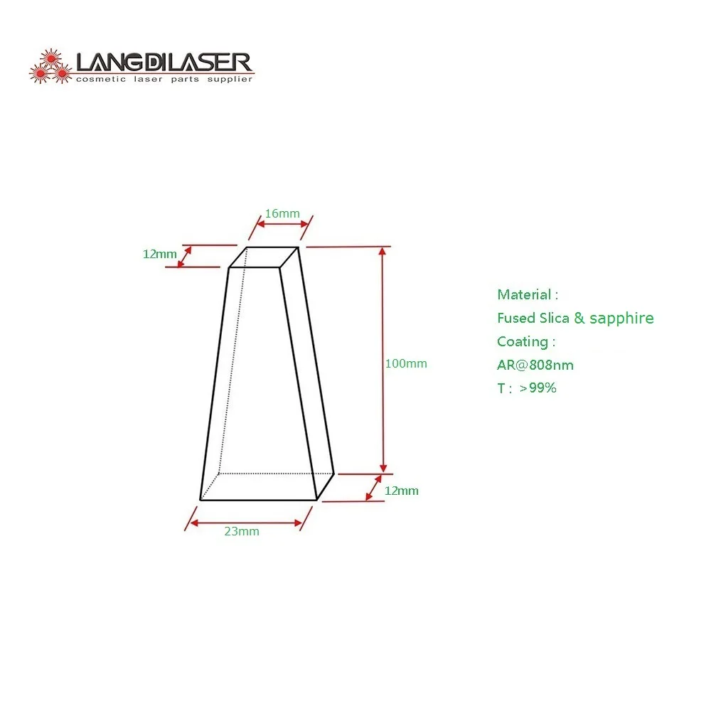 

Размер 100*23(16) * 12 мм/диодный лазерный призматический кристалл/материал кварц и сапфир/AR @ 808nm пленочное покрытие