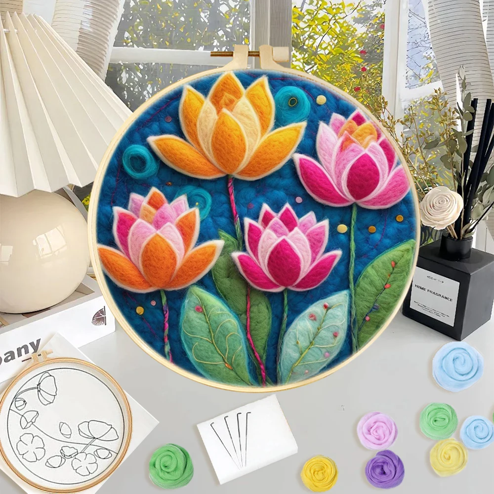 

Needle Felting Painting Kits Beginners Colorful Lotus Diy Wool Embroidery Creative Felt Needle Felting Kit For Beginners