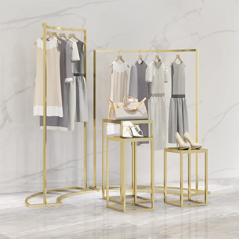 Wrought iron clothing rack, gold clothing store window display, single rod side display rack in the middle